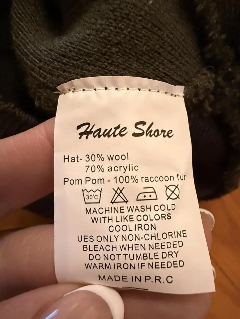 Haute Shore‎ Brooklyn Army/ 100% Raccoon Fur Pom Beanie